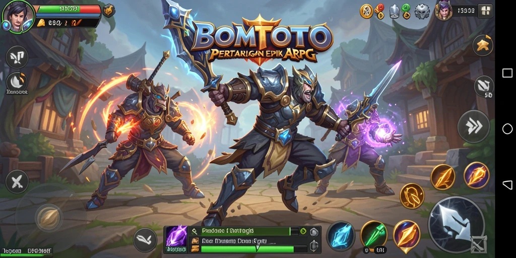 Screenshot utama BOMTOTO menunjukkan karakter bertarung melawan monster dalam dunia fantasi.