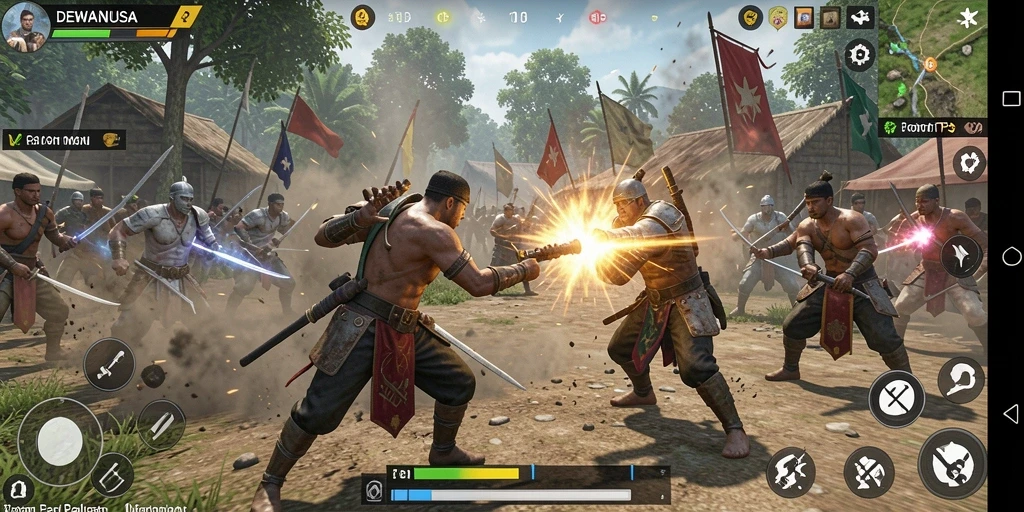 Tangkapan layar gameplay DEWANUSA yang menunjukkan aksi seru di medan perang.