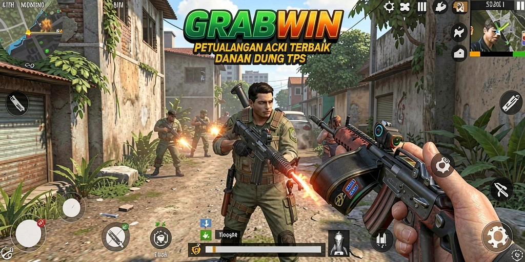 Tangkapan layar permainan GRABWIN menampilkan aksi intens dalam TPS.