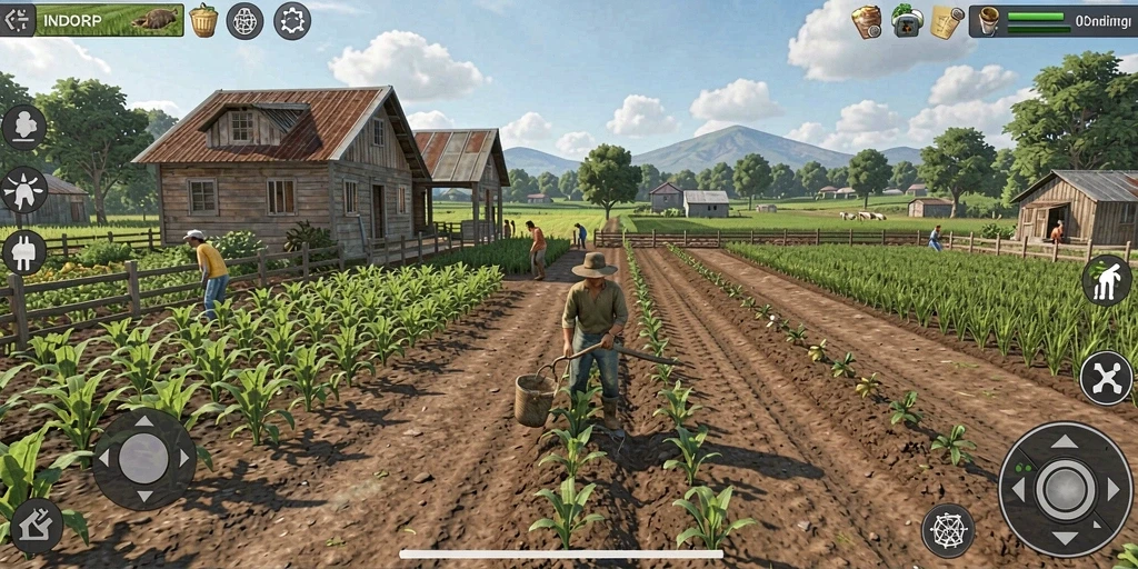 Screenshot gameplay INDORP menampilkan suasana pertanian yang cerah dan interaktif.