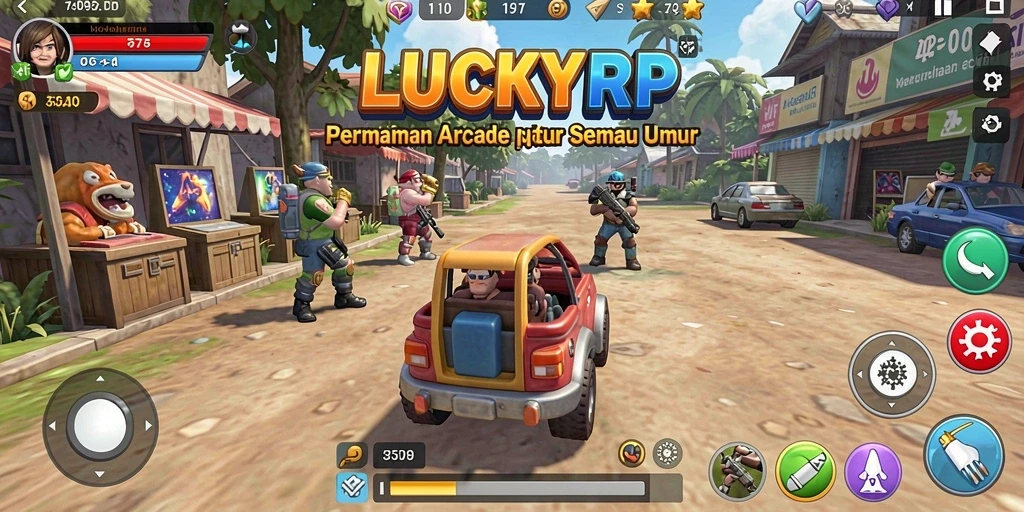 Screenshot menampilkan gameplay seru LUCKYRP dengan berbagai karakter dan level.