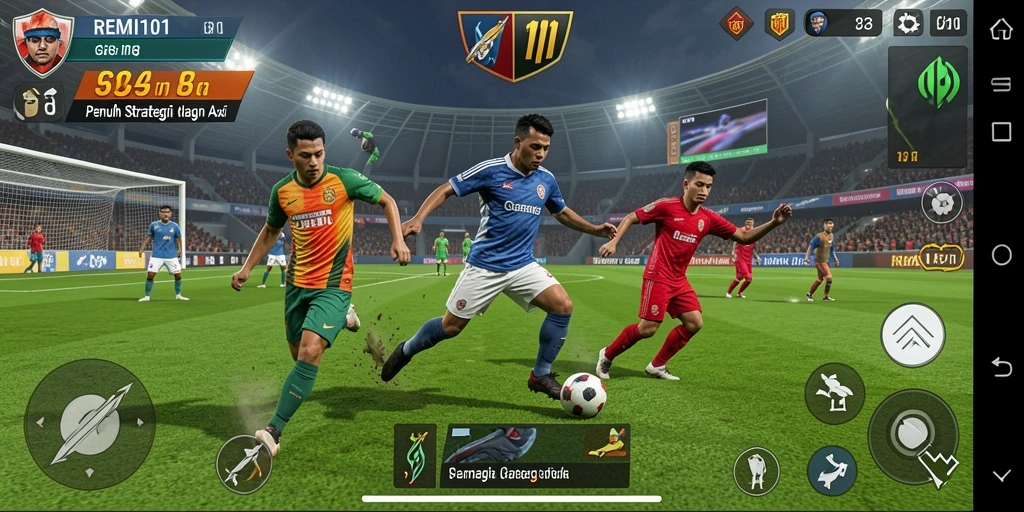 Tampilan gameplay yang menarik di REMI101 dengan aksi sepak bola yang mendebarkan.