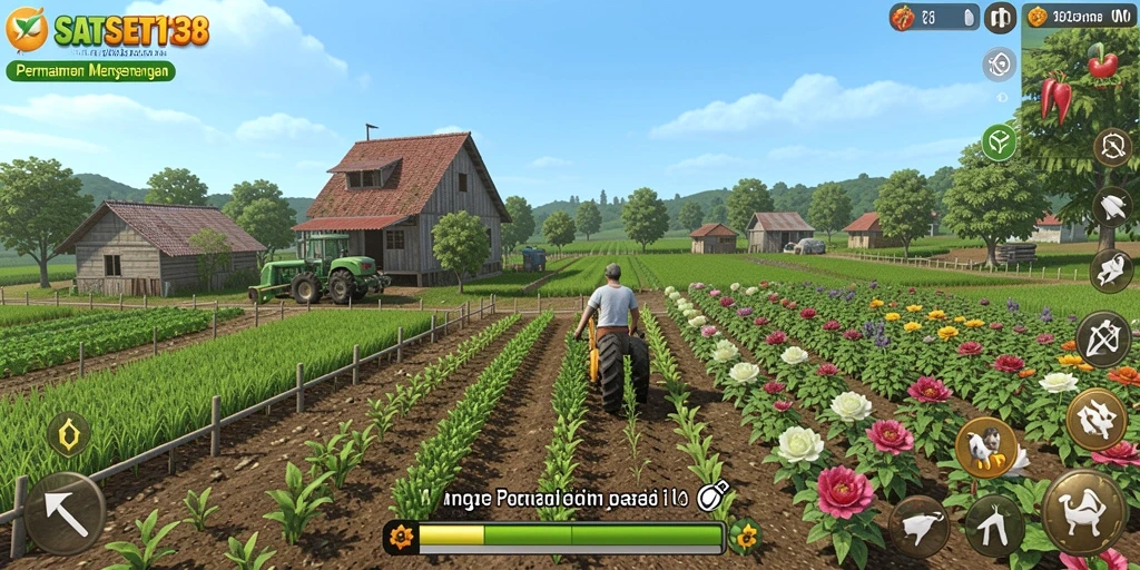 Tampilan gameplay SATSET138 yang menarik dengan aktivitas pertanian.