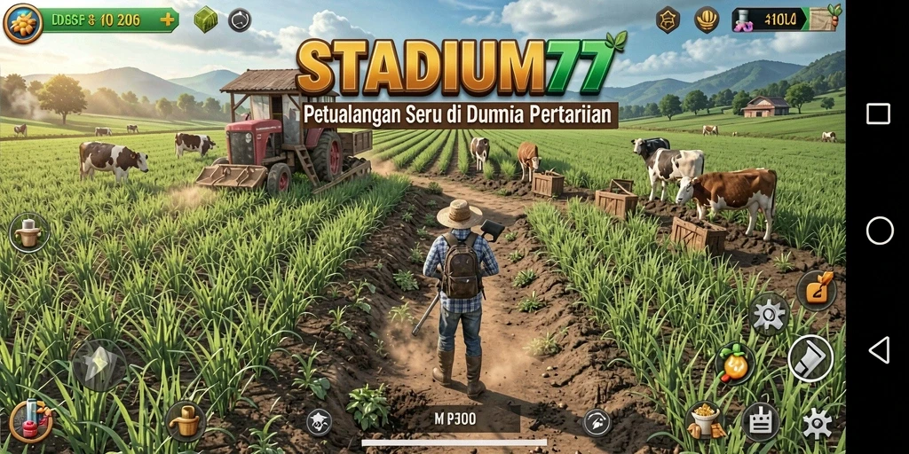 Screenshot gameplay STADIUM77 yang menunjukkan ladang hijau subur dan aktifitas bertani.